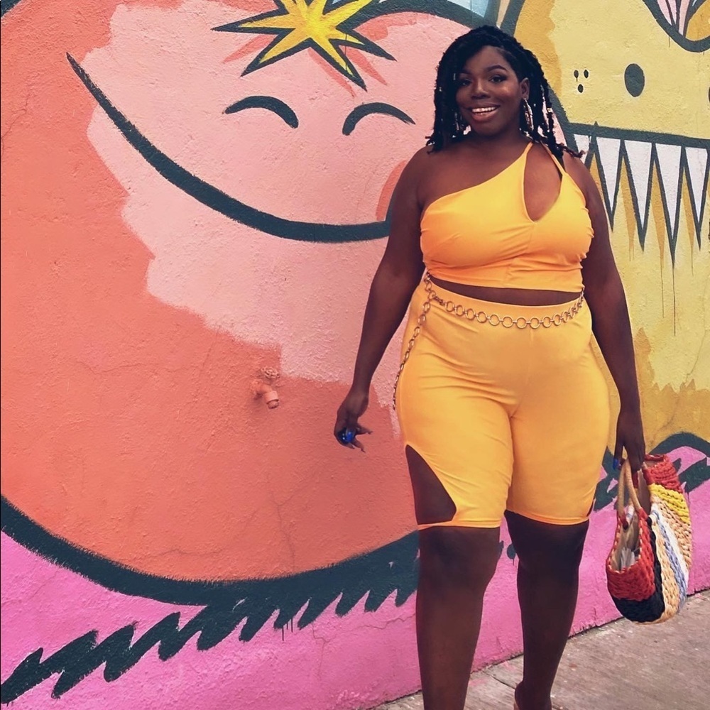 Orange crush two-piece biker short asymmetrical top set